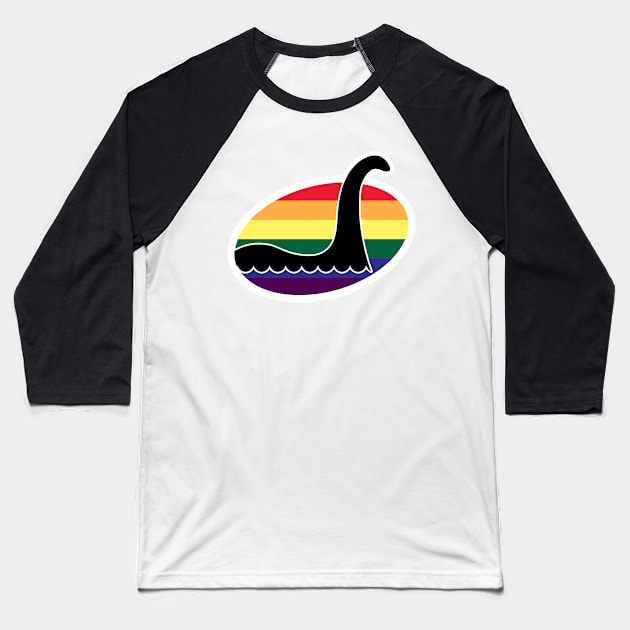 Rainbow Nessie Cryptid Pride Baseball T-Shirt by Nerd Trinkets